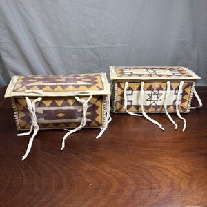 Arapaho Parfleche Boxes‎ Pair Handpainted 12x8x4 Yellow Maroon Brown Geometric